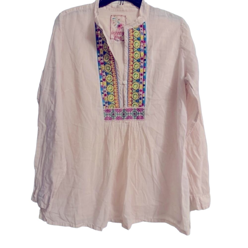 Johnny Was Cream Blouse with Multicolor Embroidery